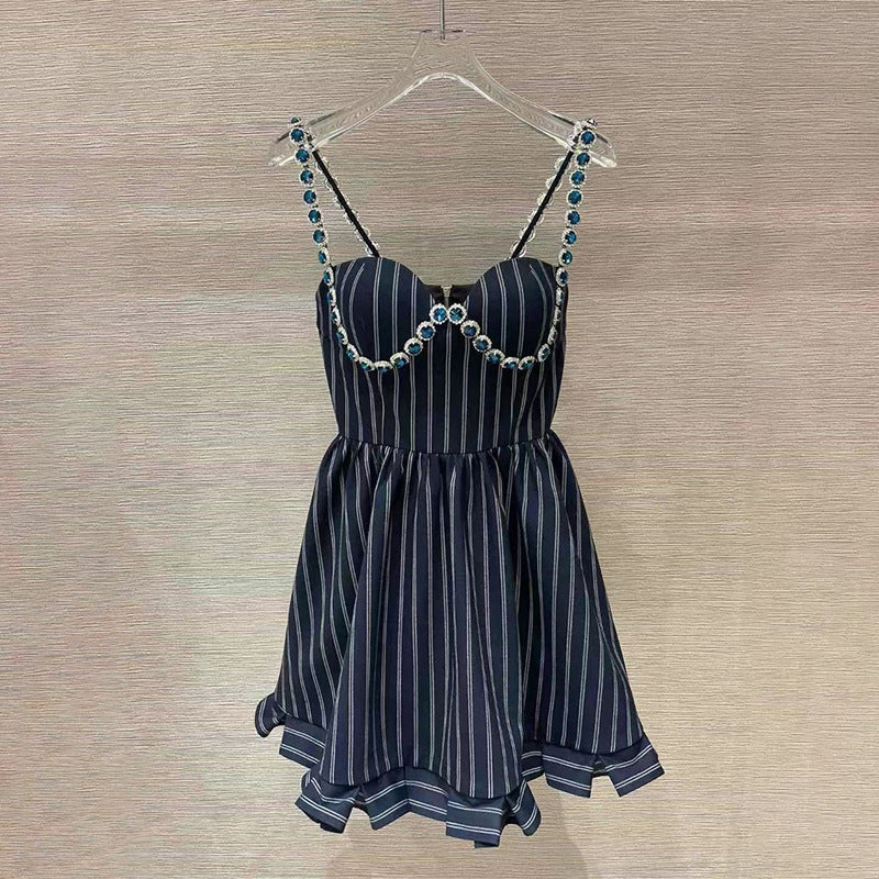 Diamond-Studded Striped Halter Dress - A-Line Ruffled Waist Skirt