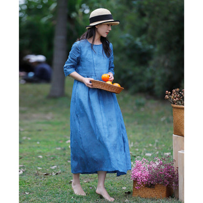 Women's Literary Travel Loose Linen Dress - Embroidered Cotton Linen Summer Dress
