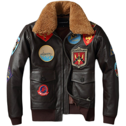 Casual Cowhide Leather Jacket - Vintage Style with Lapel Collar and Zipper for Men & Women