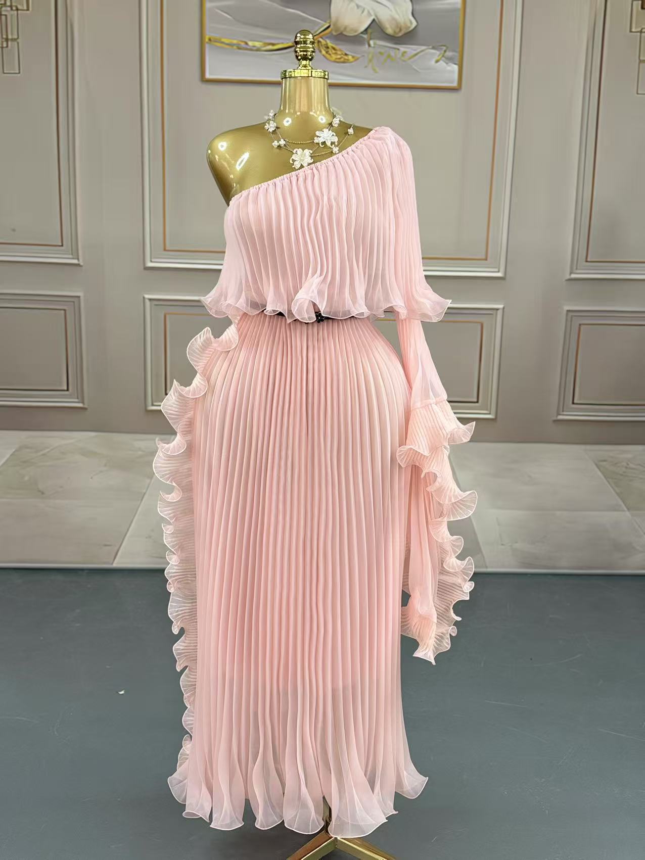 Women's One-Shoulder High-Waist Maxi Dress - Polyester Long Evening Dress in Black, Khaki, Pink & White