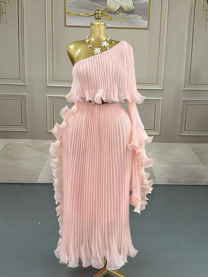 Women's One-Shoulder High-Waist Maxi Dress - Polyester Long Evening Dress in Black, Khaki, Pink & White