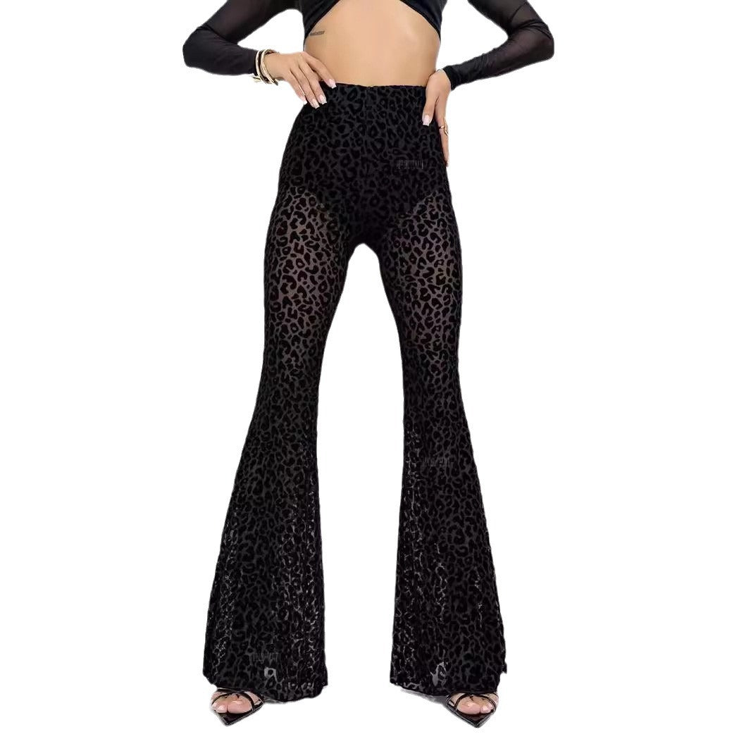 Women's Flocked Mesh High-Waisted Casual Pants - Ultra-Thin Polyester Trousers