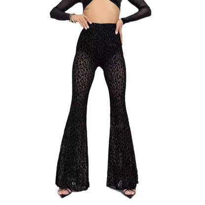 Women's Flocked Mesh High-Waisted Casual Pants - Ultra-Thin Polyester Trousers