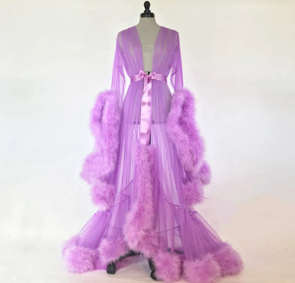 Women's Long Sleeve Robe - Sheer Mesh Nightgown with Fur Trim