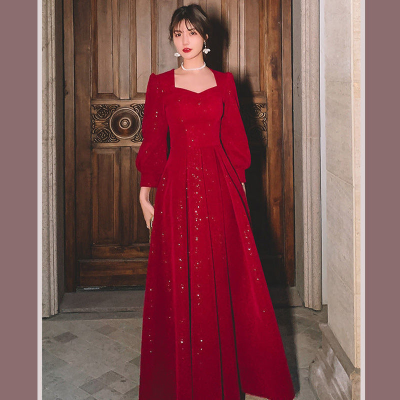 Women's Red Long-Sleeve Mid-Rise Evening Gown