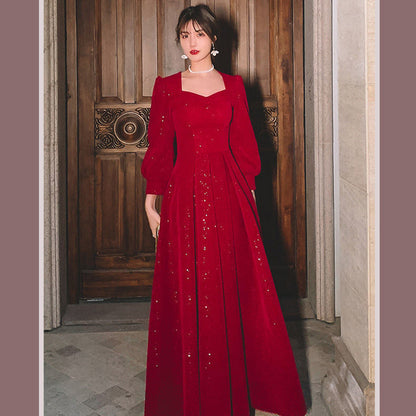 Women's Red Long-Sleeve Mid-Rise Evening Gown