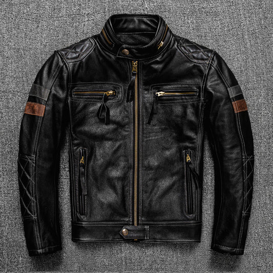 Premium First Layer Cowhide Leather Motorcycle Jacket - Men's Stand Collar Biker Coat