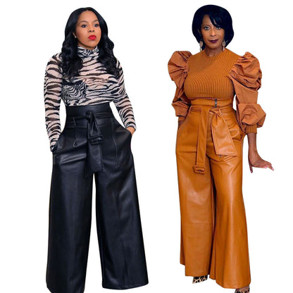Women's PU High-Waist Straight-Leg Pants - Urban Style Full-Length Trousers