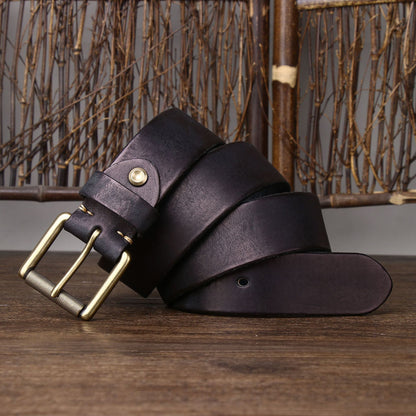 Handmade 4CM Wide First Layer Cowhide Leather Belt - Thickened Genuine Leather with Copper Buckle