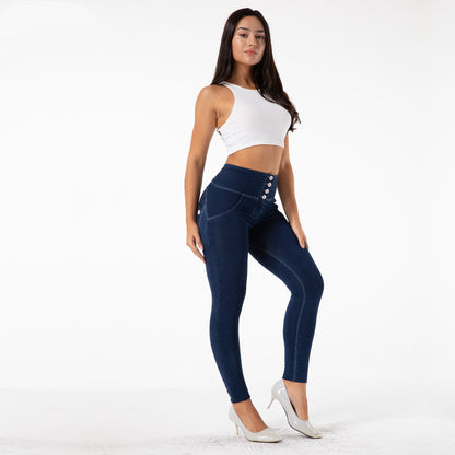 Women's Fitness Jeans - Four-Button High-Waist Cotton Denim