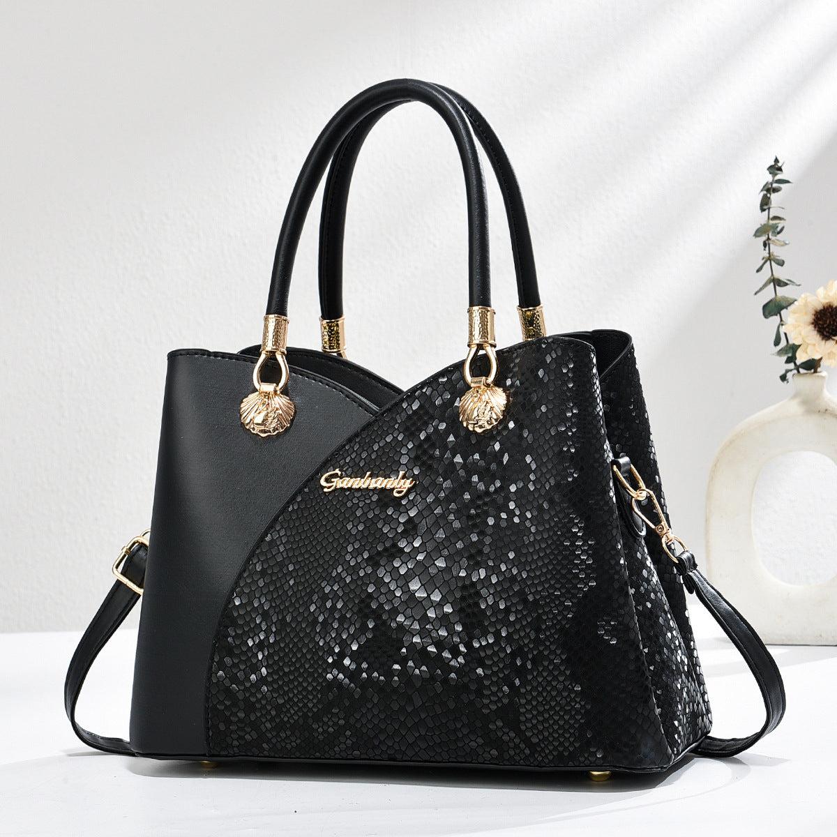 Elegant Spacious Shoulder or Crossbody Bag - PU Leather with Sequin Detail