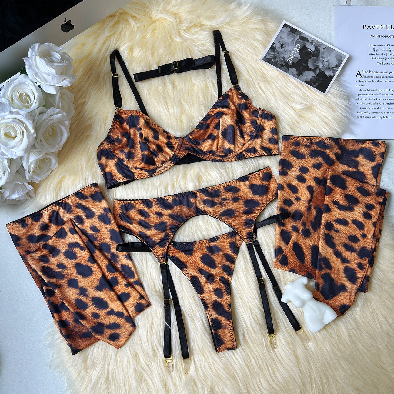 Women's Leopard Print Lingerie Set - 4-Piece Intimate Apparel Collection