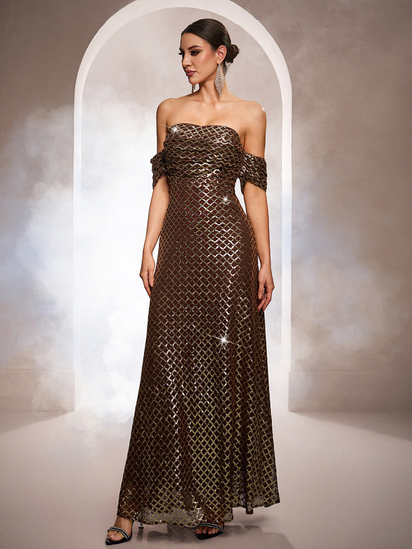 Women's Gold Sequin Off-Shoulder Sleeveless A-Line Evening Gown
