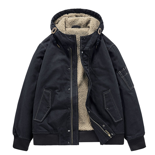 Men's Hooded Cotton Coat - Loose Fit Jacket with Fur Collar