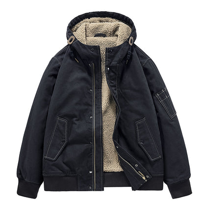 Men's Hooded Cotton Coat - Loose Fit Jacket with Fur Collar
