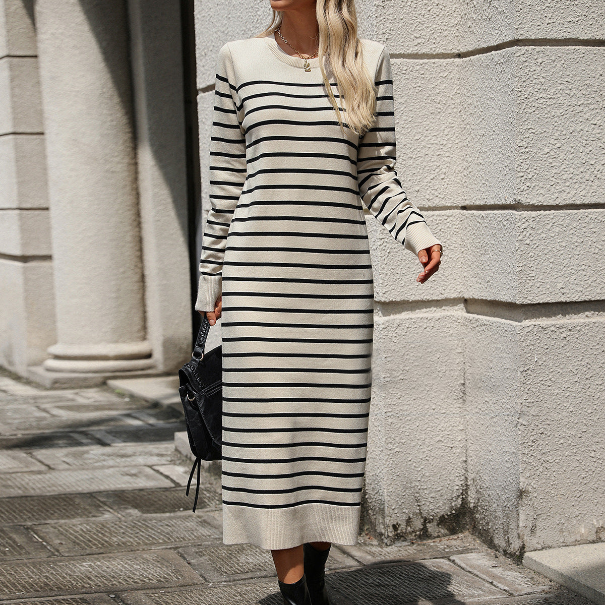 Knitted Striped Long Sleeve Dress - Slim Fit Pullover Dress with Splicing Detail