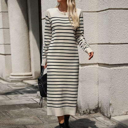 Knitted Striped Long Sleeve Dress - Slim Fit Pullover Dress with Splicing Detail