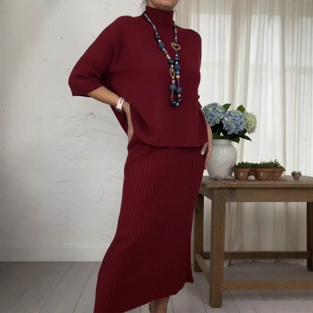 Women's Solid-Color Elegant High-Neck Knitted Sweater and Skirt Two-Piece Set - Intellectual Style