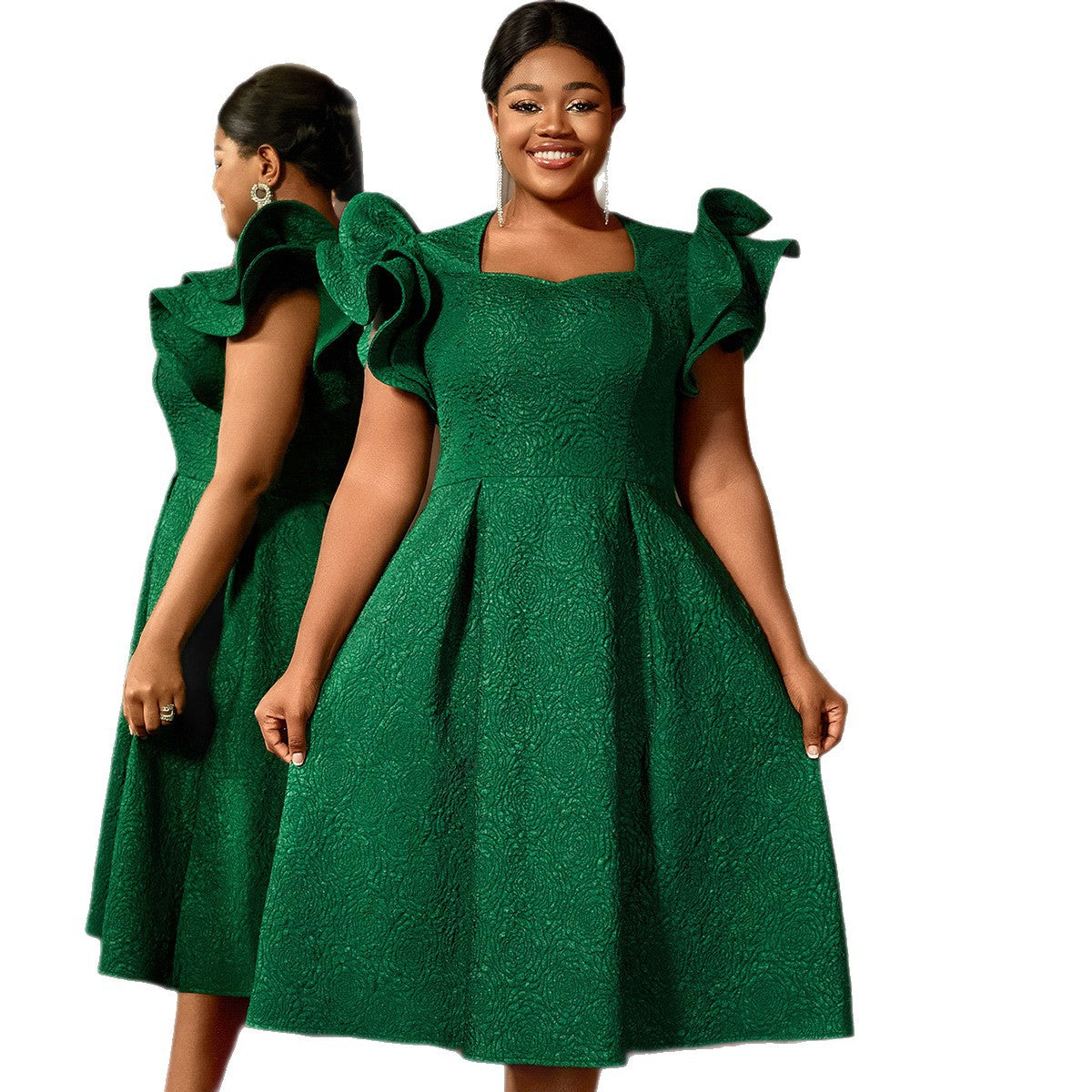 Women's Dark Green Jacquard Ruffle-Sleeve A-Line Evening Dress (Plus Size)