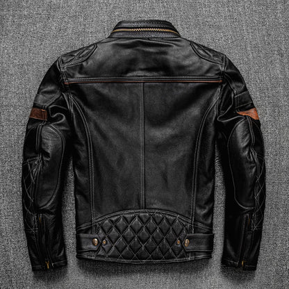 Premium First Layer Cowhide Leather Motorcycle Jacket - Men's Stand Collar Biker Coat