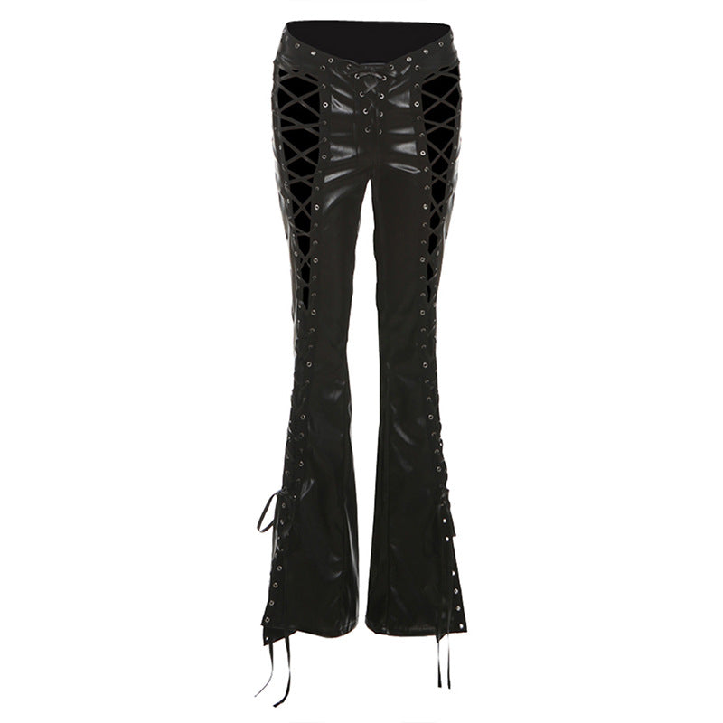 Hollow Lace-Up Bell-Bottom Pants - PU Leather Style Trousers