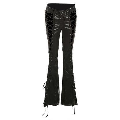 Hollow Lace-Up Bell-Bottom Pants - PU Leather Style Trousers