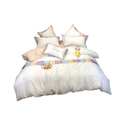 Long-Staple Cotton Star Embroidered Bedding Set - 4-Piece Satin Weave Collection