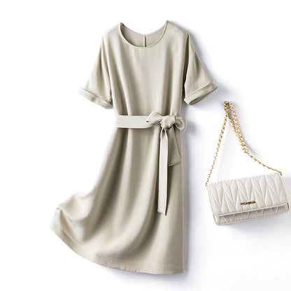 Heavyweight Silk Lace-Up Dress - V-neck Short Sleeve Midi Dress