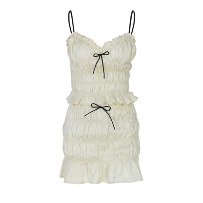 Women's Chiffon Pleated Short Skirt Set with Straps - Two-Piece Sleeveless Outfit