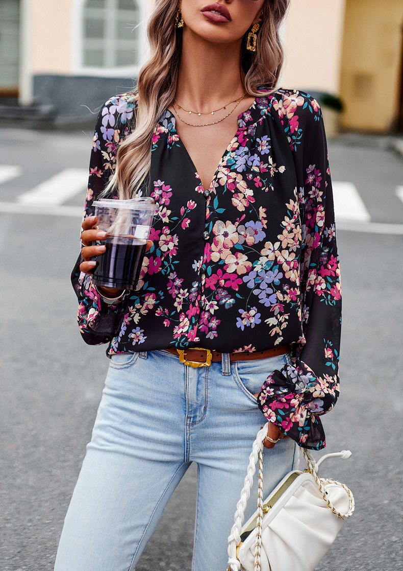 Women's Floral Print V-Neck Chiffon Blouse - Long Sleeve Casual Top