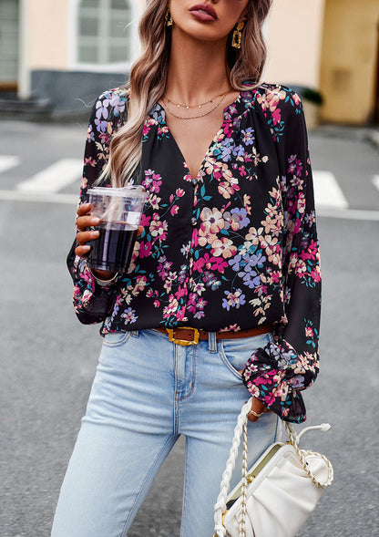 Women's Floral Print V-Neck Chiffon Blouse - Long Sleeve Casual Top