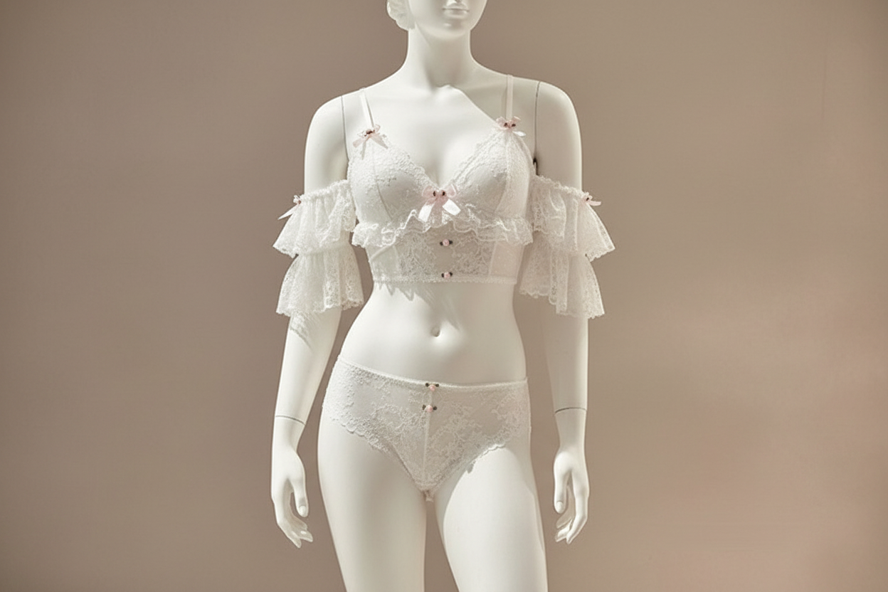 White Lace French Bralette Set - Wireless Comfort Bra