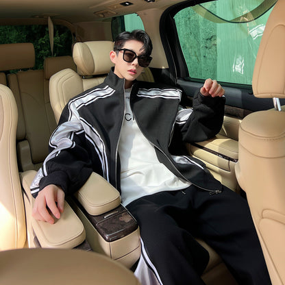 Men's Standing Collar Cardigan Hoodie Set - Cotton Blend Jacket and Pants