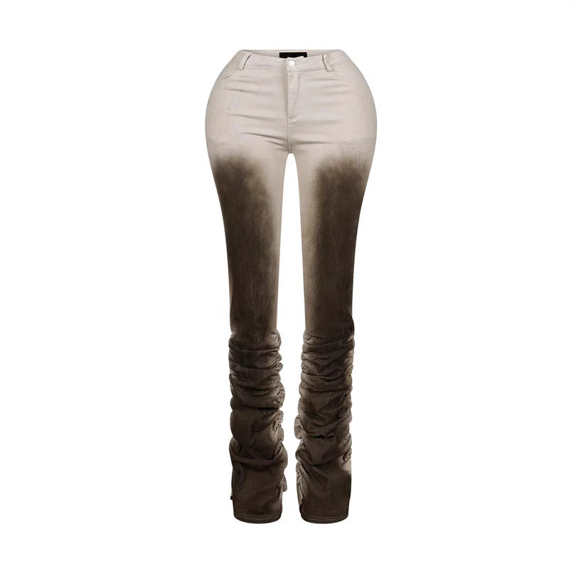 Women's Slim-Fit Distressed Retro Stacked Pants - Mid-Rise Viscose Trousers