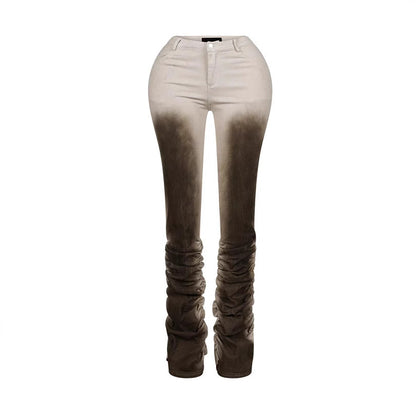 Women's Slim-Fit Distressed Retro Stacked Pants - Mid-Rise Viscose Trousers