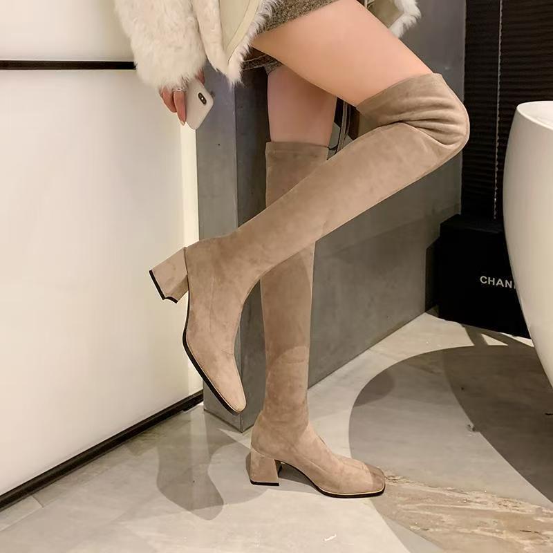 Stretchy Over-the-Knee Chunky Heeled Boots - Square Toe High Boots for Fall and Winter