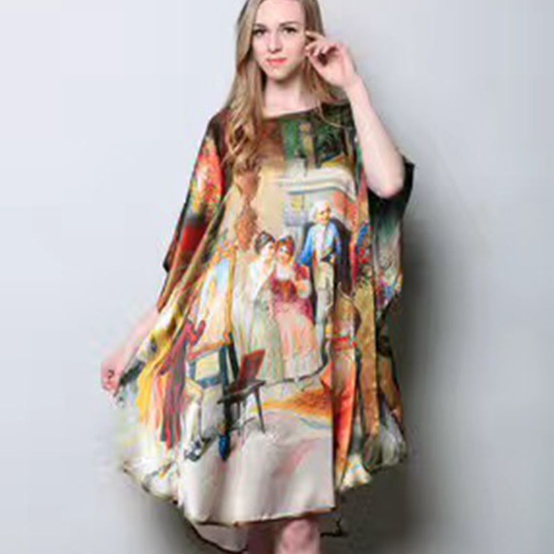 Women's Luxe Silk Bat Sleeve Nightdress - 100% Mulberry Silk Loose Fit Pajama Dress with Inkjet Prints