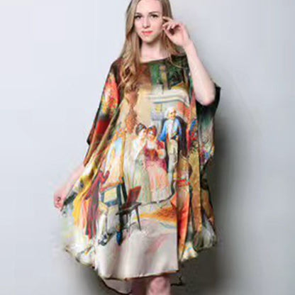 Women's Luxe Silk Bat Sleeve Nightdress - 100% Mulberry Silk Loose Fit Pajama Dress with Inkjet Prints