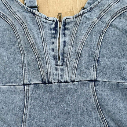 U-Neck Denim Suspender Dress - Slim Fit Summer Dress with Slit