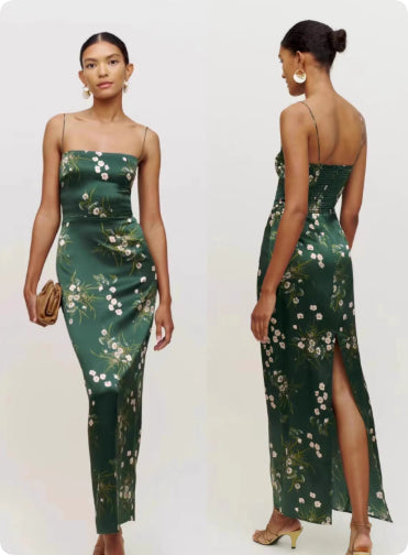 Women's Mulberry Silk Maxi Dress - Spaghetti Strap Floral Vacation Dress