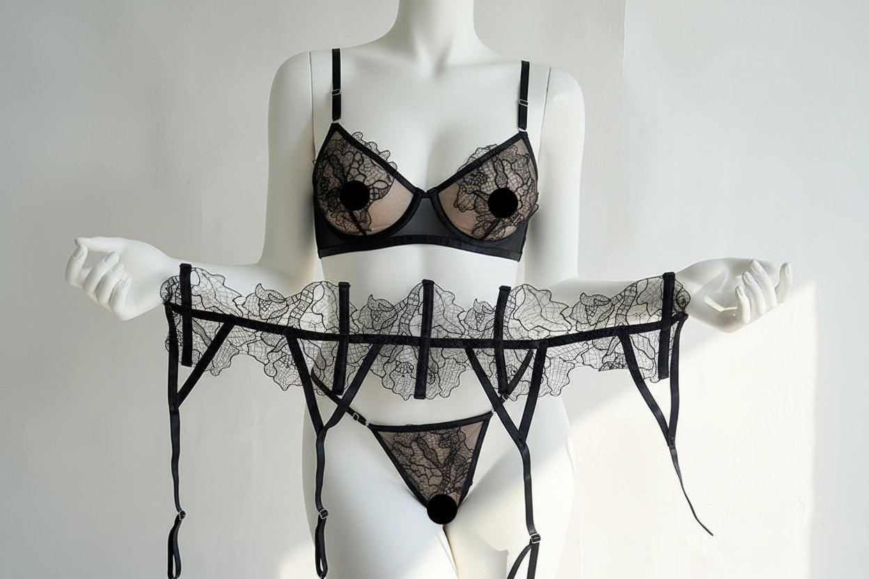 Embroidered Lace Mesh Lingerie Set - Three-Piece Bra and Underwear Collection