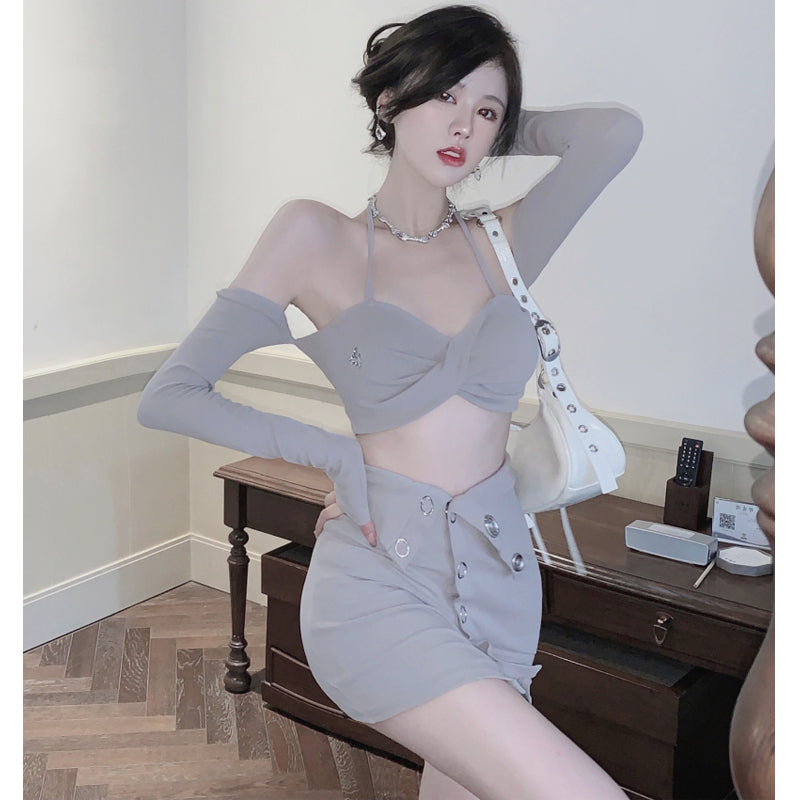 Women's Sling Top and Skirt Knitted Two-Piece Set - Slim Fit Autumn Outfit