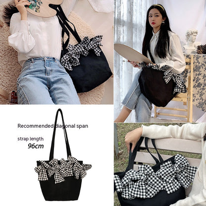 Nylon Plaid Tote Bag - Large Capacity Shopping Bag with Bow Detail