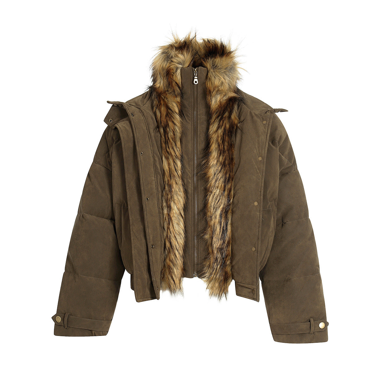 Fleece-Lined PU Leather Puffer Jacket with Fur Collar - Unisex