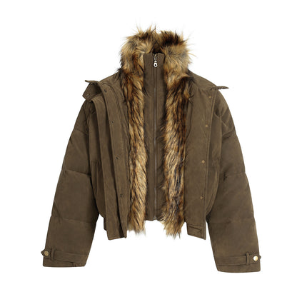 Fleece-Lined PU Leather Puffer Jacket with Fur Collar - Unisex