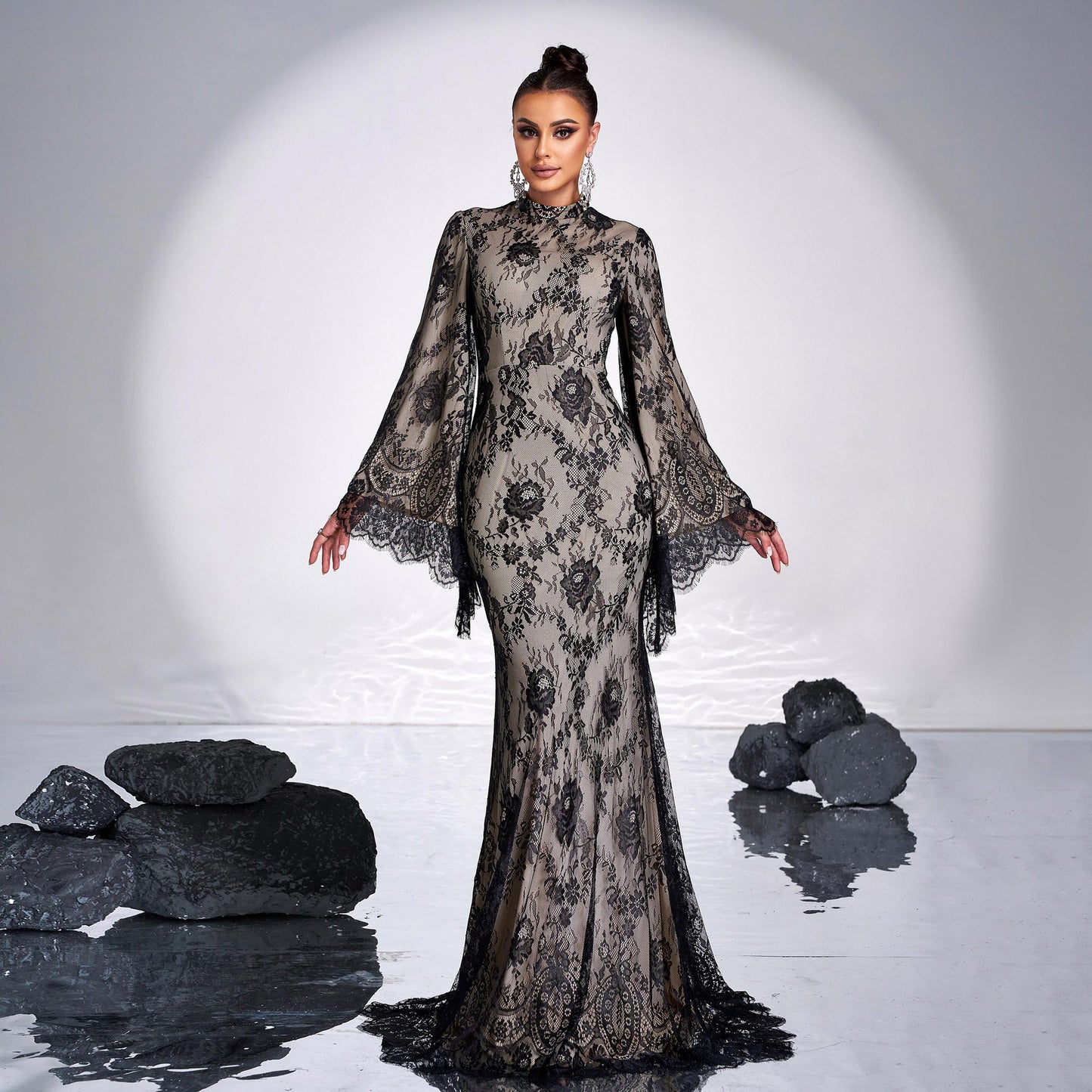 Women's Long Sleeve Round Neck Lace Bodycon Banquet Dress | Voile Overlay