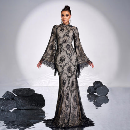 Women's Long Sleeve Round Neck Lace Bodycon Banquet Dress | Voile Overlay