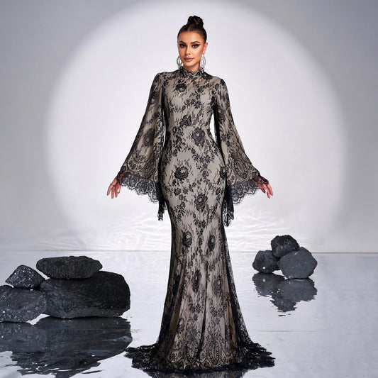 Women's Long Sleeve Round Neck Lace Bodycon Banquet Dress | Voile Overlay