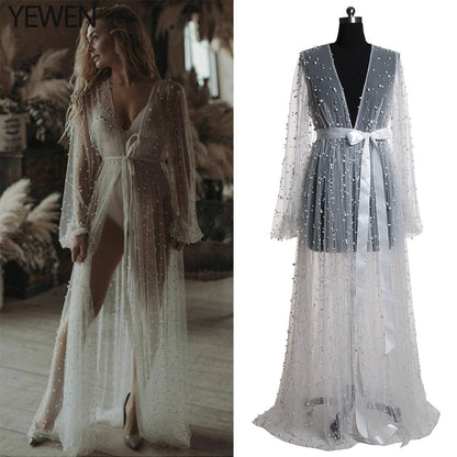Women's Pearl Mesh Lace Dress - Sheer Long Sleeve Nightgown with Cape