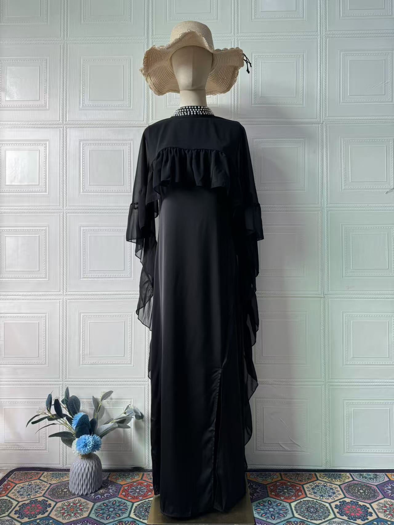 Women's Two-Piece Sleeveless Ruffled Beaded Dress Set - High-Waist Maxi Dress